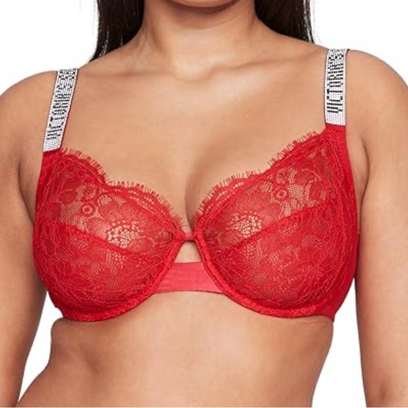 VICTORIA’S SECRET The Fabulous Red Lace Bra with Sparkling Strap Size 44 C